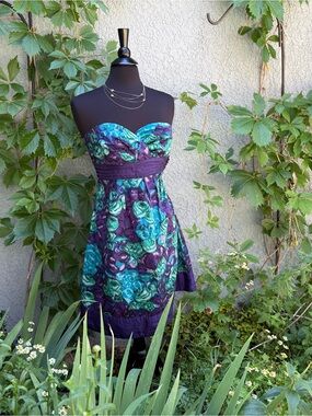 Moulinette Soeurs Strapless Floral A-line Dress in Teal & Purple